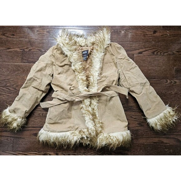 Vintage 90s Y2K Helium Outerwear Brown Leather Jacket Faux Fur Penny Lane Size L - Picture 1 of 13
